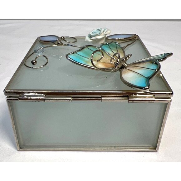 Decorative Square Glass Jewelry Box With Butterfly & Flower Design - Picture 4 of 4